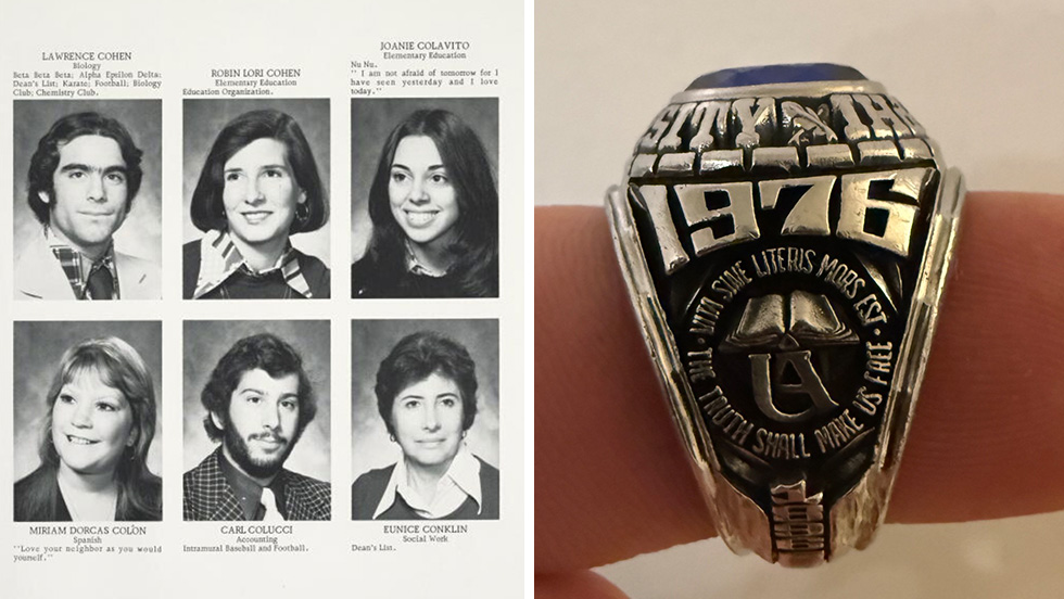 A yearbook photo of six students from 1976 and a vintage class ring with the date 1976 engraved onto the surface