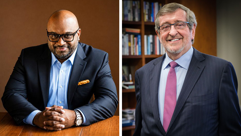 headshots collaged together: Leonard C. Achan ’99 (left) and Michael Dowling (right)
