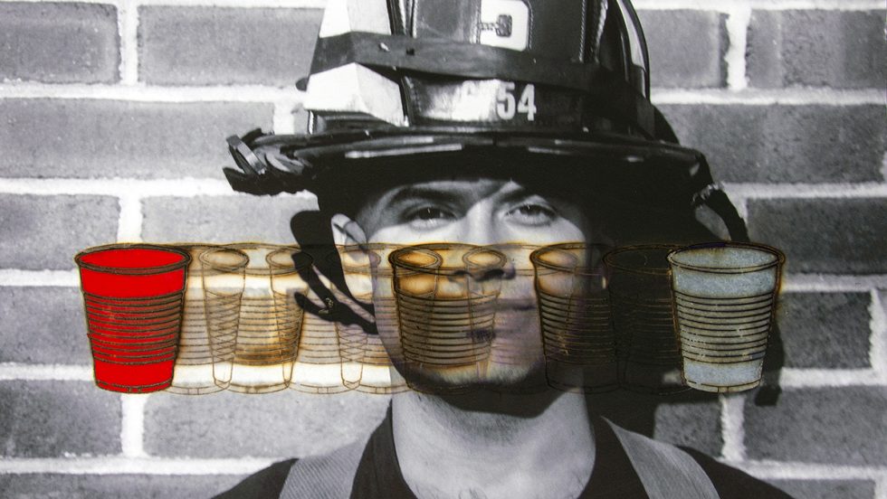 A photograph of Gregory Saucedo in firefighting gear, seen from the shoulders up. Images of 10 water cups, one red, are superimposed over his face.