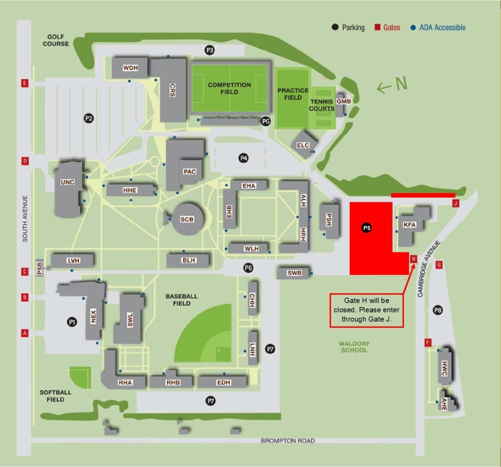 Campus map showing Parking Field 5 in red near Post Hall.