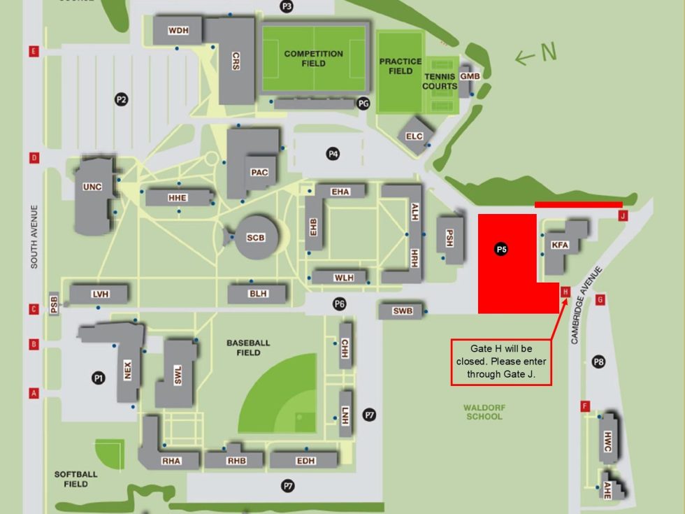 Campus map showing Parking Field 5 in red near Post Hall.