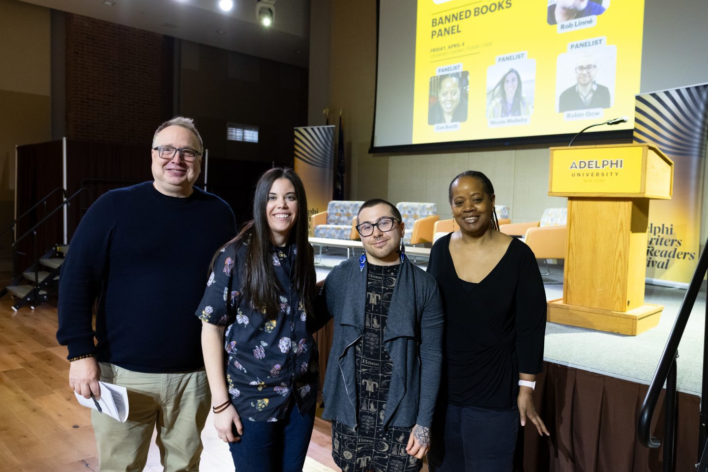 Senior adjunct faculty member Rob Linne, PhD (left) led a discussion on banned books, featuring panelists (from left): Nicole Melleby, Robin Gow MFA ‘20 and Coe Booth.